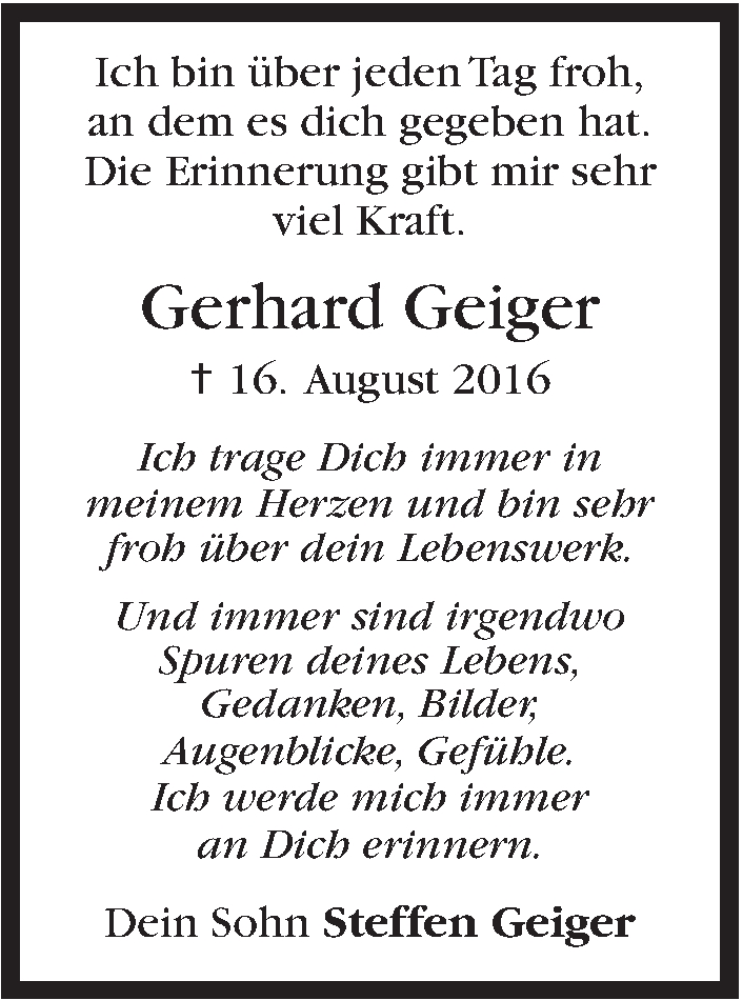  Traueranzeige für Gerhard Geiger vom 24.04.2018 aus Stuttgarter Zeitung / Stuttgarter Nachrichten