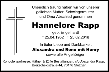 Traueranzeige von Hannelore Rapp von Stuttgarter Zeitung / Stuttgarter Nachrichten