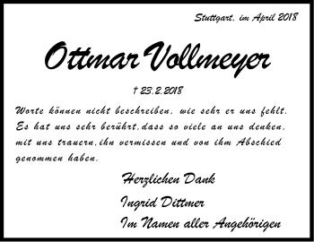 Traueranzeige von Ottmar Vollmeyer von Stuttgarter Zeitung / Stuttgarter Nachrichten