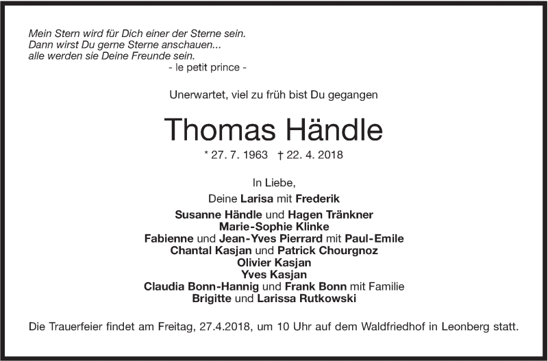  Traueranzeige für Thomas Händle vom 25.04.2018 aus Stuttgarter Zeitung / Stuttgarter Nachrichten