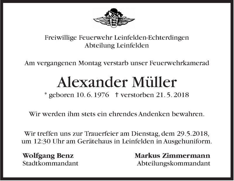  Traueranzeige für Alexander Müller vom 25.05.2018 aus Stuttgarter Zeitung / Stuttgarter Nachrichten
