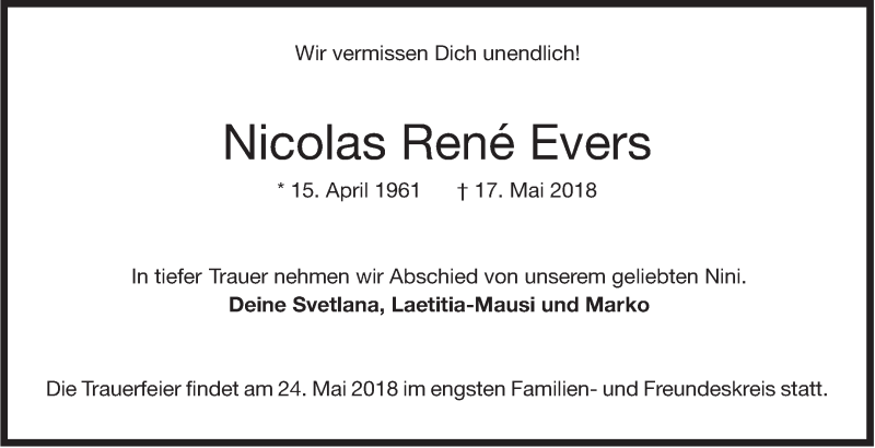  Traueranzeige für Nicolas René Evers vom 19.05.2018 aus Stuttgarter Zeitung / Stuttgarter Nachrichten