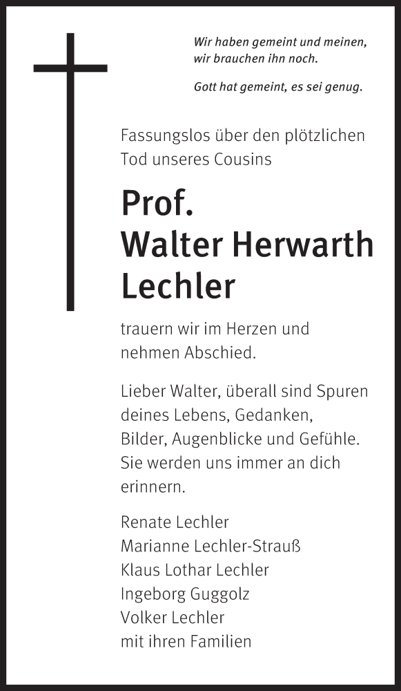  Traueranzeige für Walter H. Lechler vom 23.05.2018 aus Stuttgarter Zeitung / Stuttgarter Nachrichten