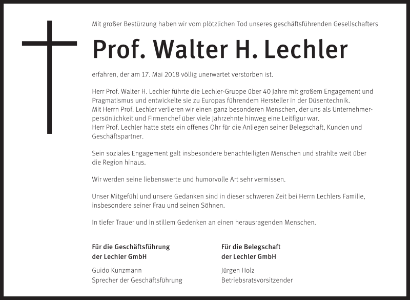  Traueranzeige für Walter H. Lechler vom 23.05.2018 aus Stuttgarter Zeitung / Stuttgarter Nachrichten