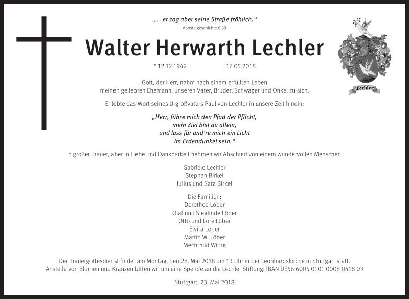  Traueranzeige für Walter H. Lechler vom 23.05.2018 aus Stuttgarter Zeitung / Stuttgarter Nachrichten
