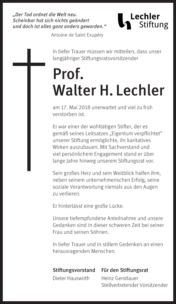  Traueranzeige für Walter H. Lechler vom 23.05.2018 aus Stuttgarter Zeitung / Stuttgarter Nachrichten