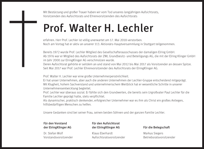  Traueranzeige für Walter H. Lechler vom 23.05.2018 aus Stuttgarter Zeitung / Stuttgarter Nachrichten