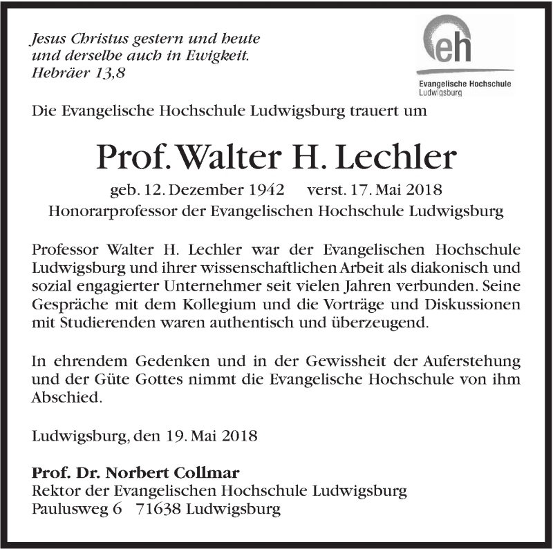  Traueranzeige für Walter H. Lechler vom 23.05.2018 aus Stuttgarter Zeitung / Stuttgarter Nachrichten