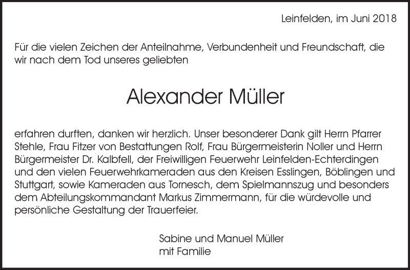  Traueranzeige für Alexander Müller vom 16.06.2018 aus Stuttgarter Zeitung / Stuttgarter Nachrichten