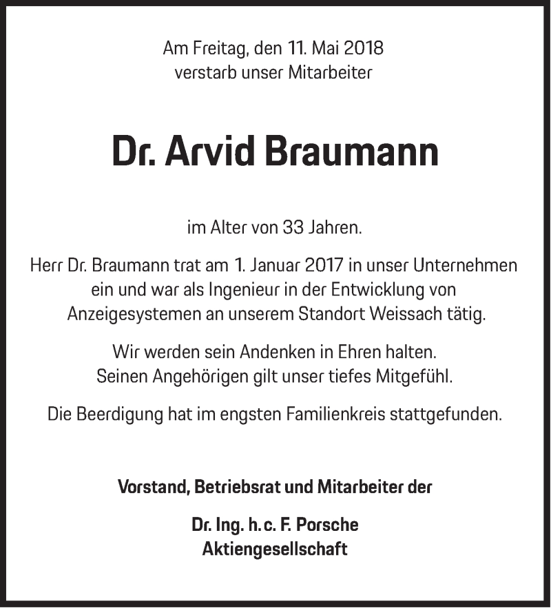  Traueranzeige für Arvid Braumann vom 26.06.2018 aus Stuttgarter Zeitung / Stuttgarter Nachrichten