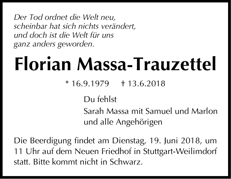  Traueranzeige für Florian Massa-Trauzettel vom 16.06.2018 aus Stuttgarter Zeitung / Stuttgarter Nachrichten