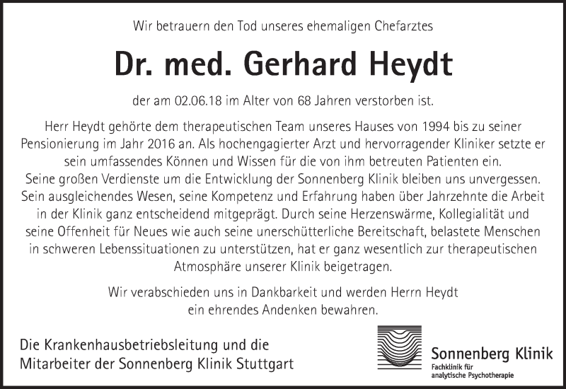  Traueranzeige für Gerhard Heydt vom 21.06.2018 aus Stuttgarter Zeitung / Stuttgarter Nachrichten