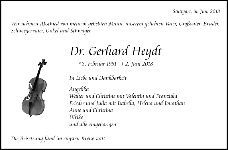  Traueranzeige für Gerhard Heydt vom 19.06.2018 aus Stuttgarter Zeitung / Stuttgarter Nachrichten