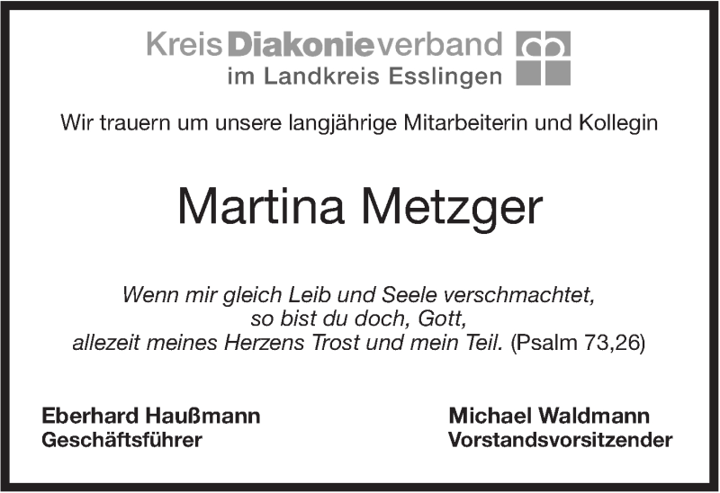  Traueranzeige für Martina Metzger vom 15.06.2018 aus Stuttgarter Zeitung / Stuttgarter Nachrichten