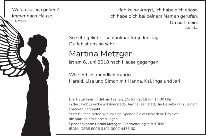  Traueranzeige für Martina Metzger vom 15.06.2018 aus Stuttgarter Zeitung / Stuttgarter Nachrichten