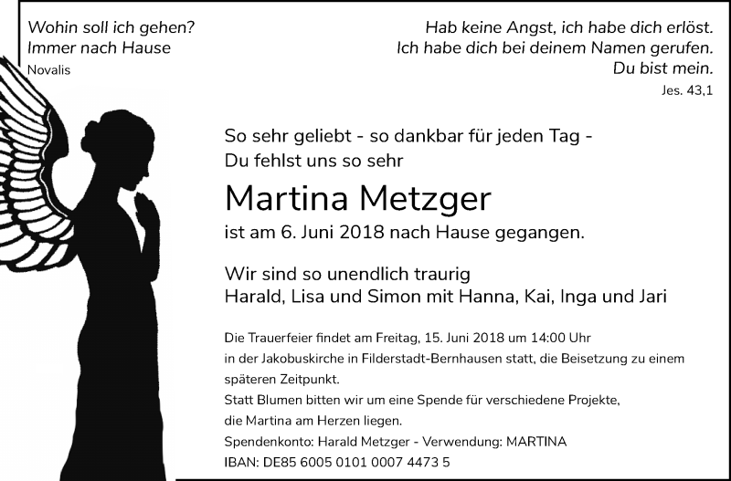  Traueranzeige für Martina Metzger vom 13.06.2018 aus Stuttgarter Zeitung / Stuttgarter Nachrichten