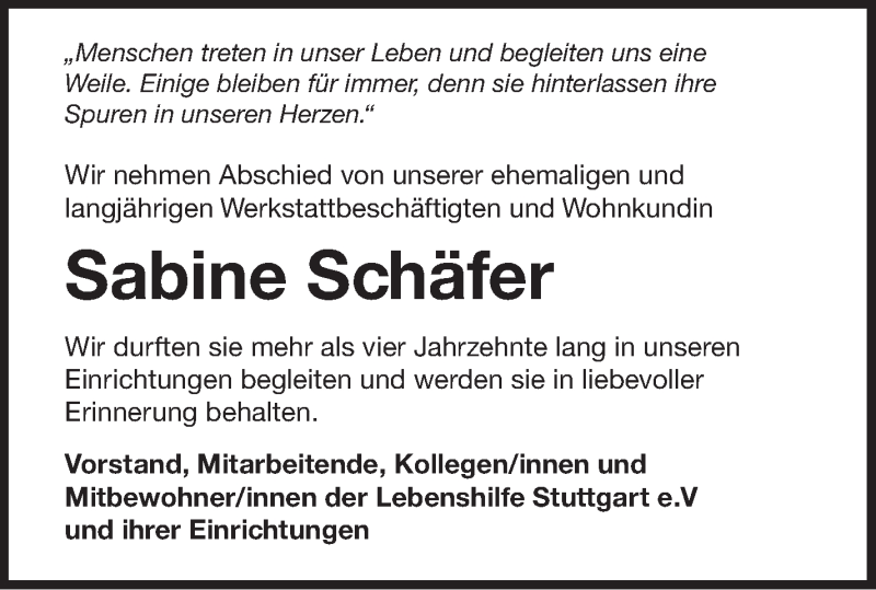 Traueranzeige für Sabine Schäfer vom 09.06.2018 aus Stuttgarter Zeitung / Stuttgarter Nachrichten