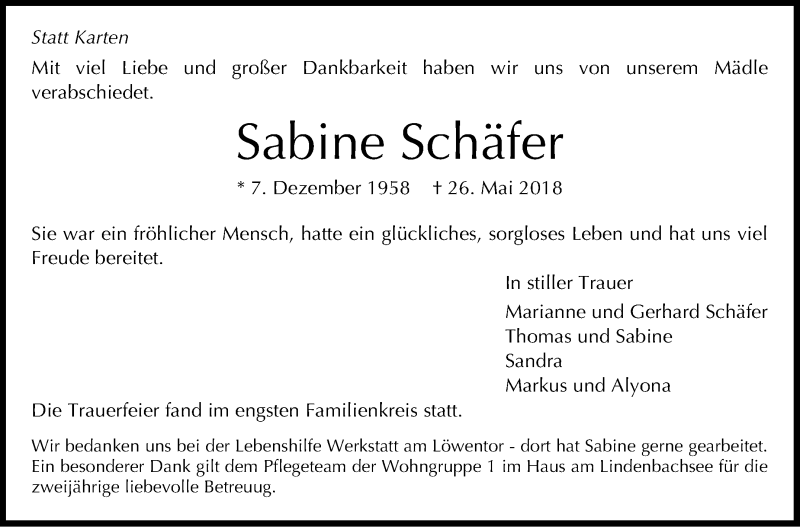  Traueranzeige für Sabine Schäfer vom 09.06.2018 aus Stuttgarter Zeitung / Stuttgarter Nachrichten