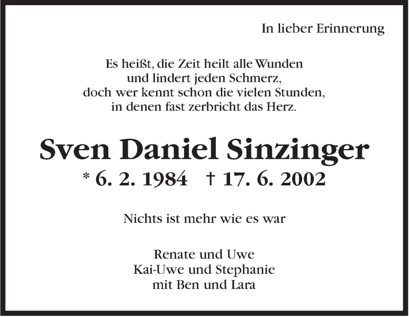  Traueranzeige für Sven Daniel Sinzinger vom 16.06.2018 aus Stuttgarter Zeitung / Stuttgarter Nachrichten