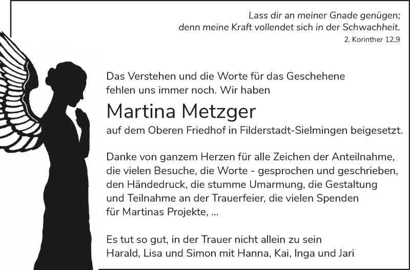  Traueranzeige für Martina Metzger vom 06.07.2018 aus Stuttgarter Zeitung / Stuttgarter Nachrichten