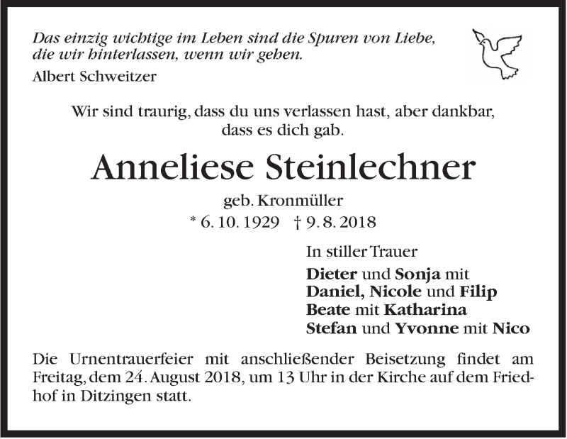  Traueranzeige für Anneliese Steinlechner vom 18.08.2018 aus Stuttgarter Zeitung / Stuttgarter Nachrichten