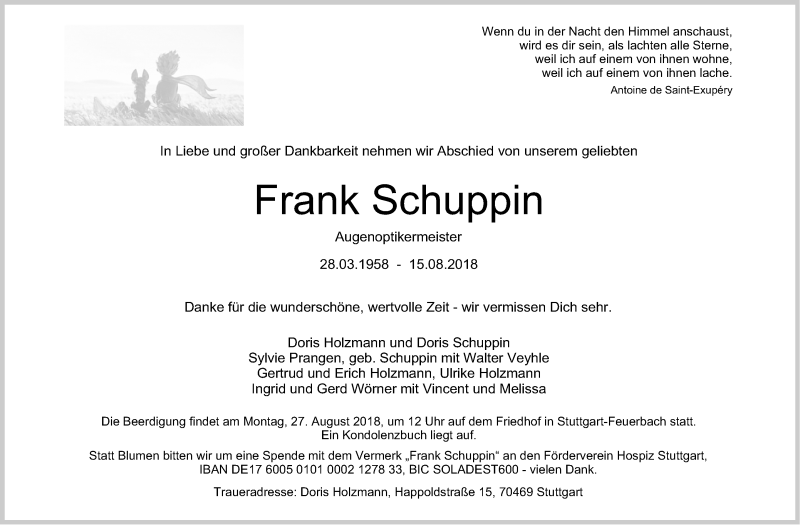  Traueranzeige für Frank Schuppin vom 22.08.2018 aus Stuttgarter Zeitung / Stuttgarter Nachrichten