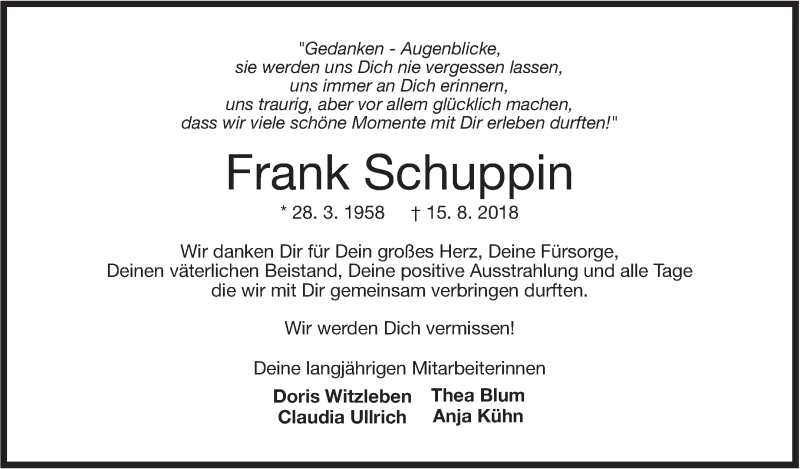  Traueranzeige für Frank Schuppin vom 22.08.2018 aus Stuttgarter Zeitung / Stuttgarter Nachrichten