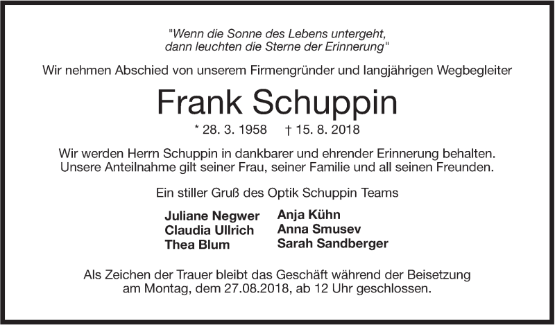  Traueranzeige für Frank Schuppin vom 22.08.2018 aus Stuttgarter Zeitung / Stuttgarter Nachrichten
