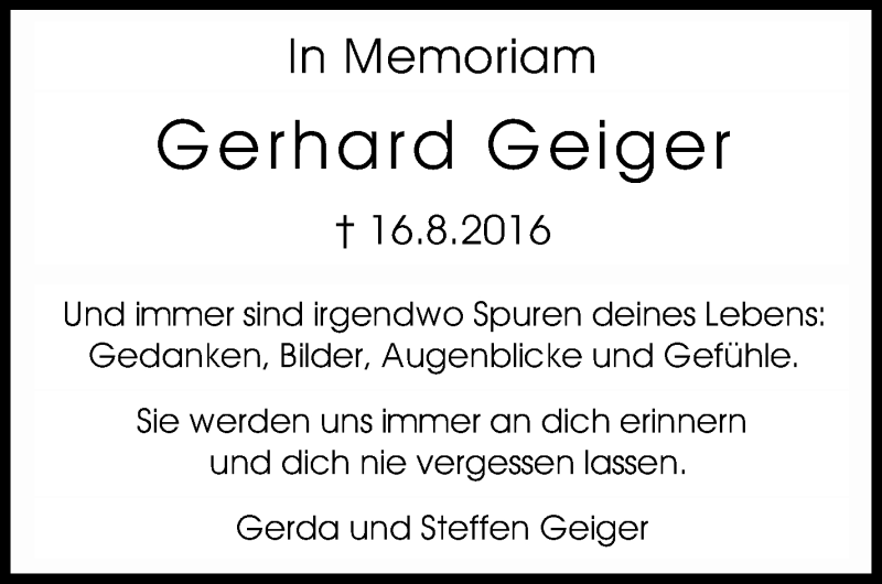  Traueranzeige für Gerhard Geiger vom 16.08.2018 aus Stuttgarter Zeitung / Stuttgarter Nachrichten