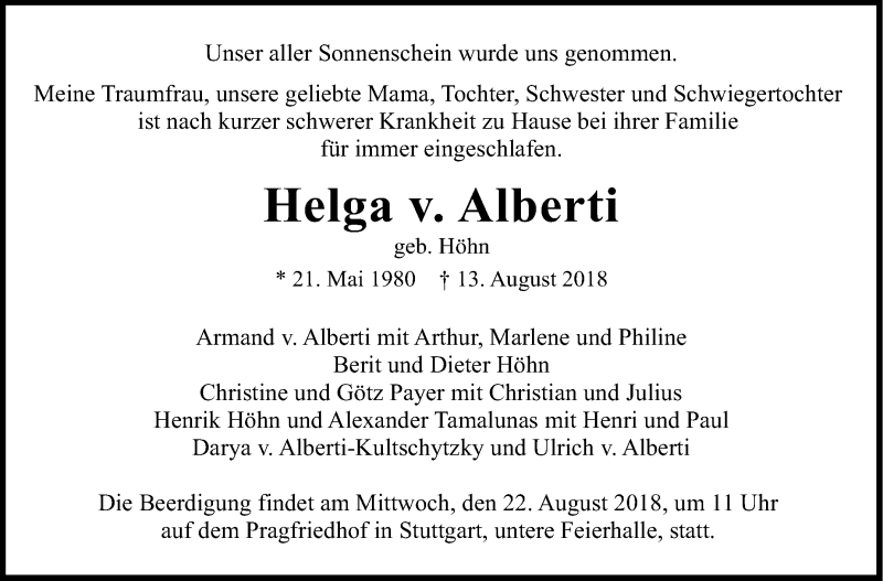  Traueranzeige für Helga v.Alberti vom 18.08.2018 aus Stuttgarter Zeitung / Stuttgarter Nachrichten