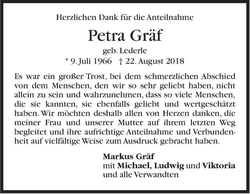  Traueranzeige für Petra Gräf vom 01.09.2018 aus Stuttgarter Zeitung / Stuttgarter Nachrichten