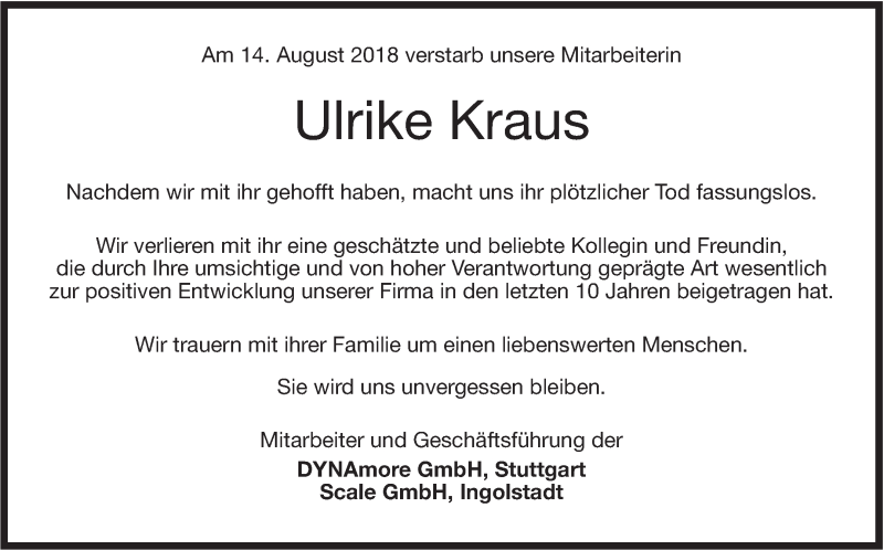  Traueranzeige für Ulrike Kraus vom 25.08.2018 aus Stuttgarter Zeitung / Stuttgarter Nachrichten