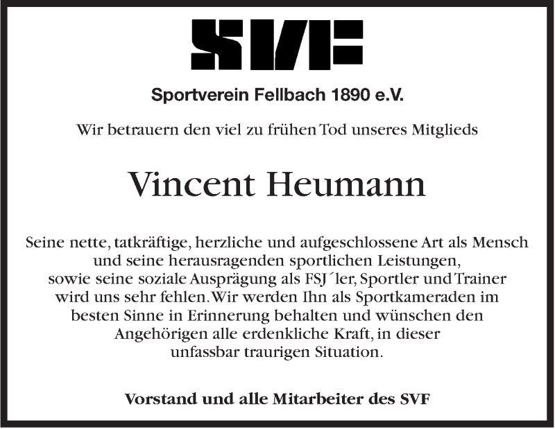  Traueranzeige für Vincent Heumann vom 14.08.2018 aus Stuttgarter Zeitung / Stuttgarter Nachrichten