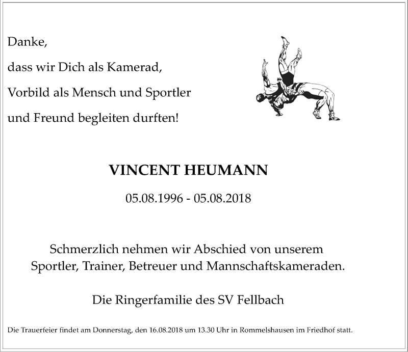  Traueranzeige für Vincent Heumann vom 13.08.2018 aus Stuttgarter Zeitung / Stuttgarter Nachrichten