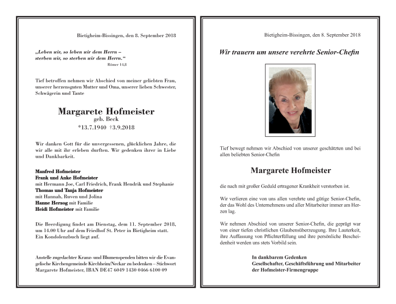  Traueranzeige für Margarete Hofmeister vom 08.09.2018 aus Stuttgarter Zeitung / Stuttgarter Nachrichten