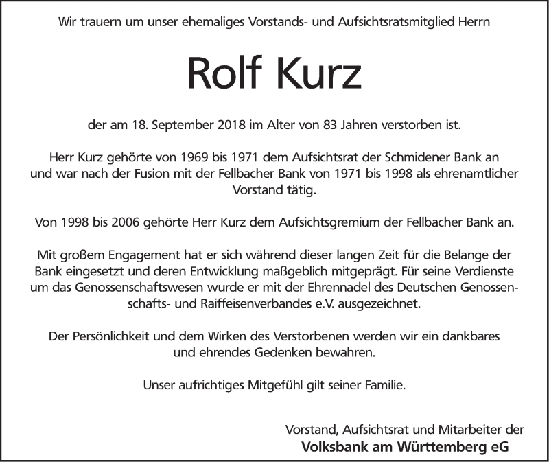  Traueranzeige für Rolf Kurz vom 22.09.2018 aus Stuttgarter Zeitung / Stuttgarter Nachrichten