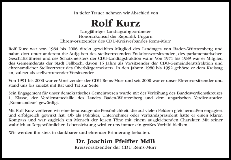  Traueranzeige für Rolf Kurz vom 22.09.2018 aus Stuttgarter Zeitung / Stuttgarter Nachrichten