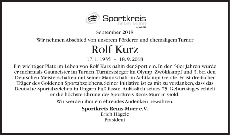  Traueranzeige für Rolf Kurz vom 24.09.2018 aus Stuttgarter Zeitung / Stuttgarter Nachrichten