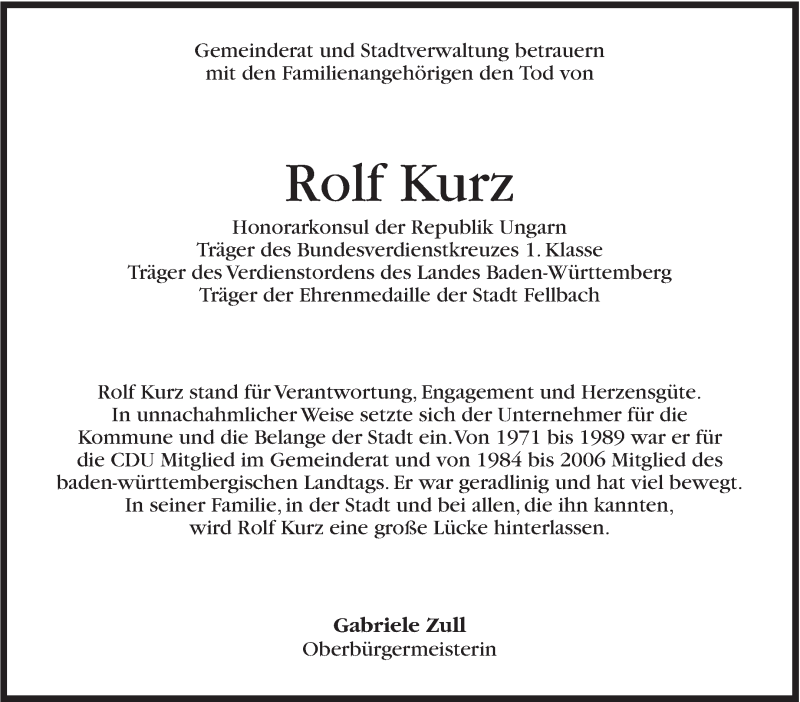  Traueranzeige für Rolf Kurz vom 21.09.2018 aus Stuttgarter Zeitung / Stuttgarter Nachrichten