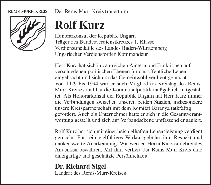  Traueranzeige für Rolf Kurz vom 21.09.2018 aus Stuttgarter Zeitung / Stuttgarter Nachrichten