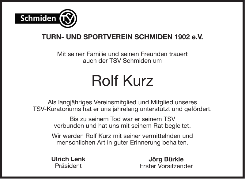  Traueranzeige für Rolf Kurz vom 22.09.2018 aus Stuttgarter Zeitung / Stuttgarter Nachrichten