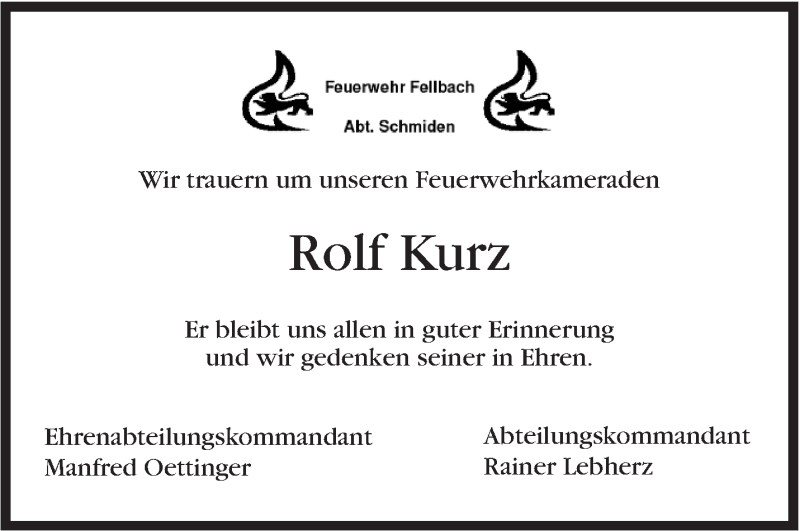  Traueranzeige für Rolf Kurz vom 22.09.2018 aus Stuttgarter Zeitung / Stuttgarter Nachrichten