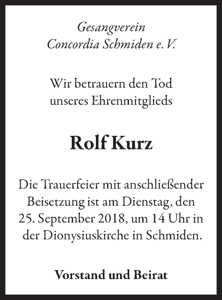  Traueranzeige für Rolf Kurz vom 24.09.2018 aus Stuttgarter Zeitung / Stuttgarter Nachrichten