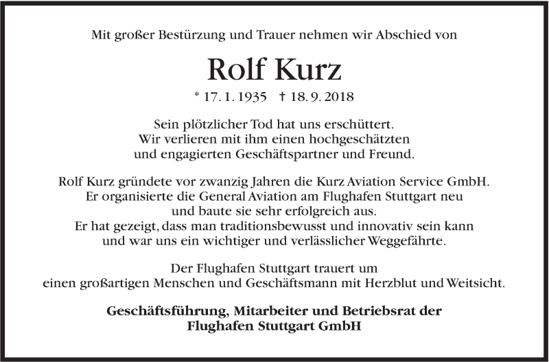  Traueranzeige für Rolf Kurz vom 22.09.2018 aus Stuttgarter Zeitung / Stuttgarter Nachrichten