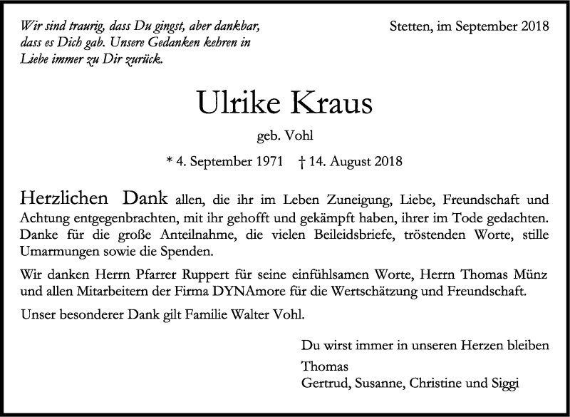  Traueranzeige für Ulrike Kraus vom 14.09.2018 aus Stuttgarter Zeitung / Stuttgarter Nachrichten