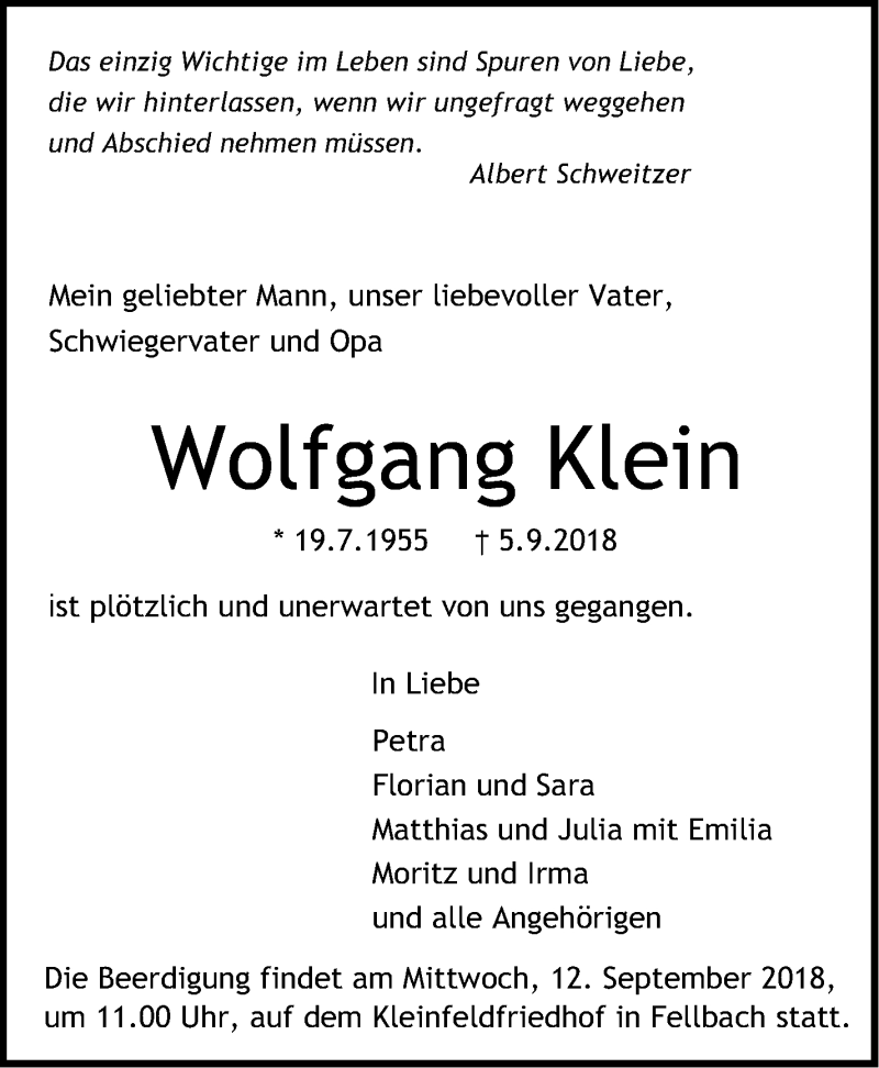  Traueranzeige für Wolfgang Klein vom 07.09.2018 aus Stuttgarter Zeitung / Stuttgarter Nachrichten