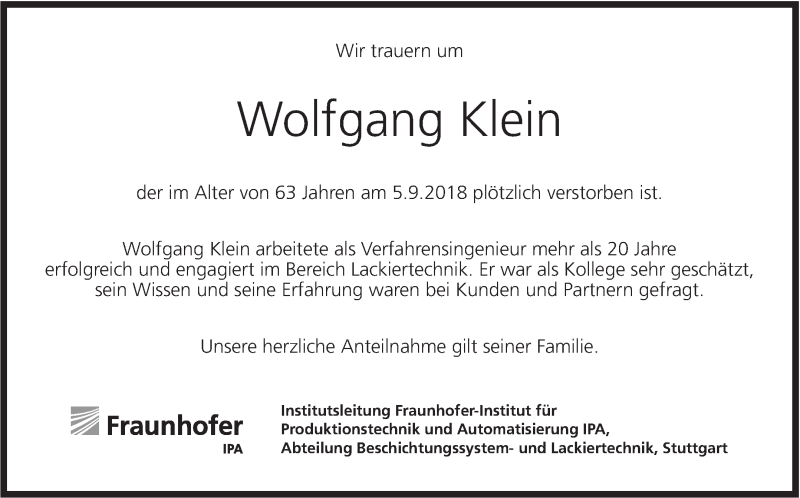  Traueranzeige für Wolfgang Klein vom 14.09.2018 aus Stuttgarter Zeitung / Stuttgarter Nachrichten