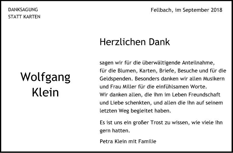  Traueranzeige für Wolfgang Klein vom 27.09.2018 aus Stuttgarter Zeitung / Stuttgarter Nachrichten