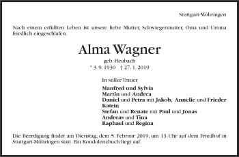 Traueranzeige von Alma Wagner von Stuttgarter Zeitung / Stuttgarter Nachrichten