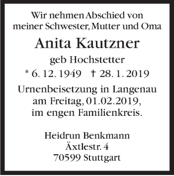Traueranzeige von Anita Kautzner von Stuttgarter Zeitung / Stuttgarter Nachrichten
